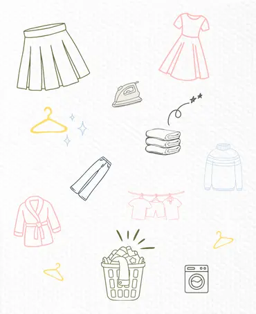 L’entretien des vêtements peut être compliqué Plusieurs dessins représentant des vêtements et leur entretien